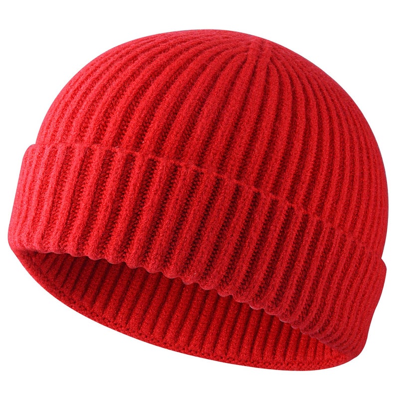 Roybens Swag Wool Knit Cuff Short Fisherman Beanie for Men Women, Winter Warm Hats, Red - Image 1